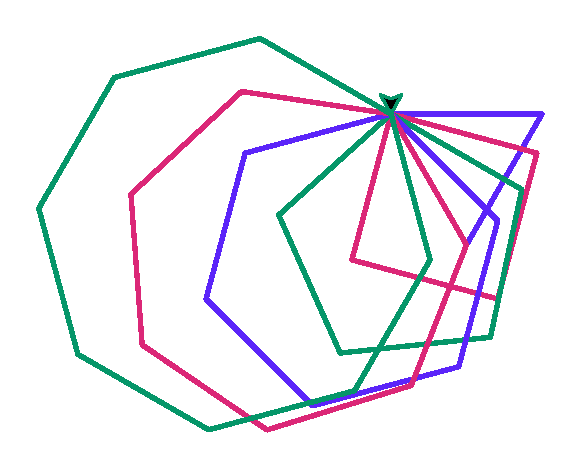 Wachlarz z sześciu obróconych wielokątów od trójkąta do ośmiokąta, narysowany pętlą wywołującą draw_polygon