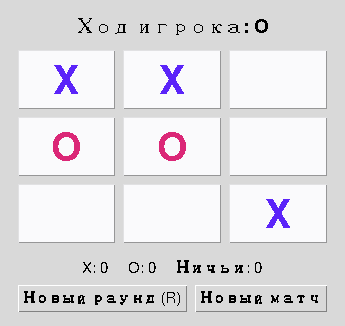 Пять отметок X и O на поле, партия продолжается