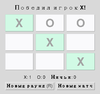 Przekątna 0-4-8 jest podświetlona na zielono, status to Player Won X