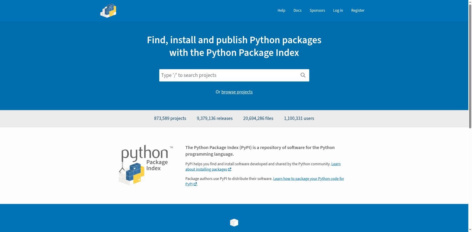 Главная страница pypi.org с полем поиска и статистикой количества проектов