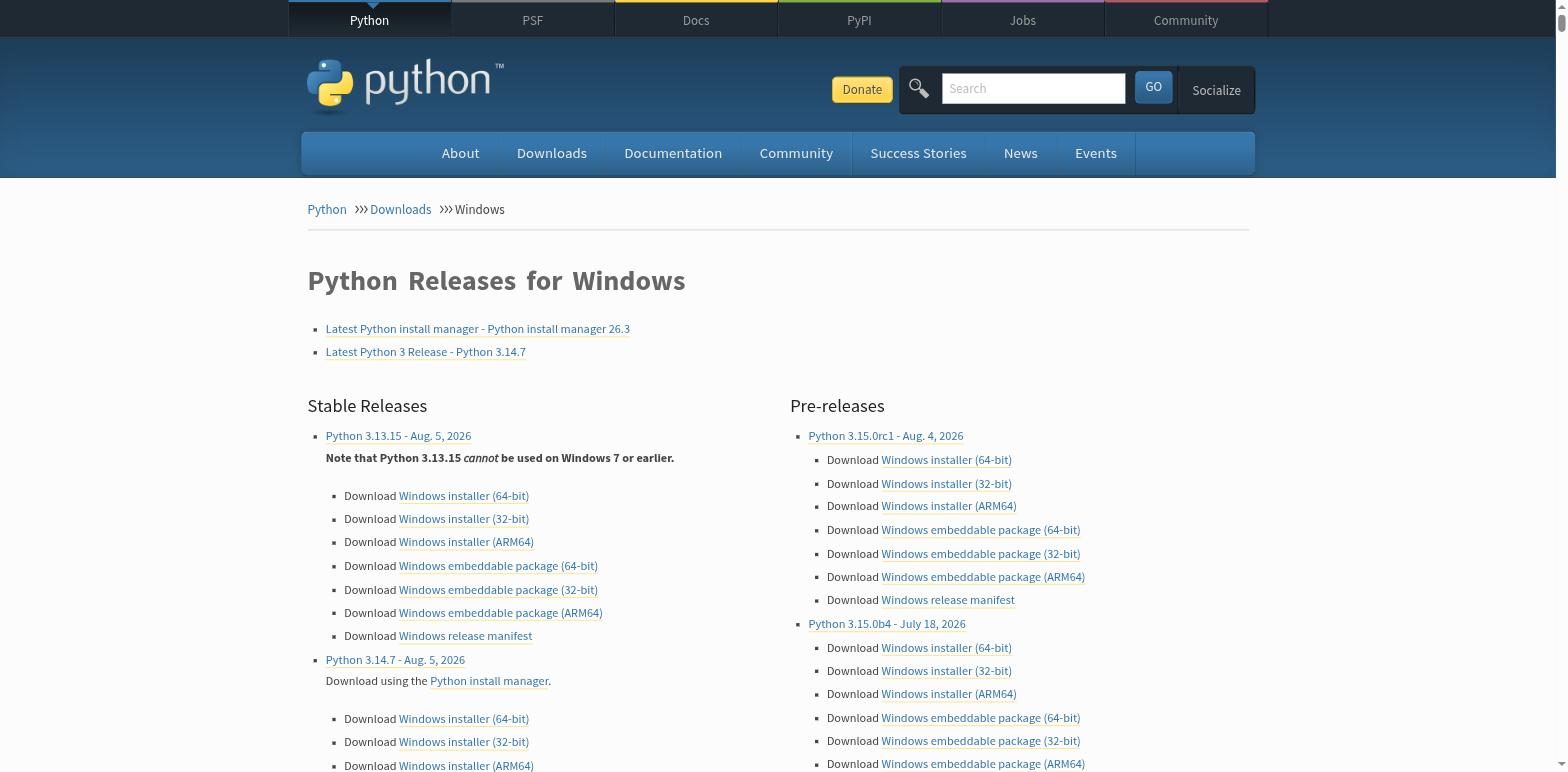 Strona do pobrania Python Windows na python.org